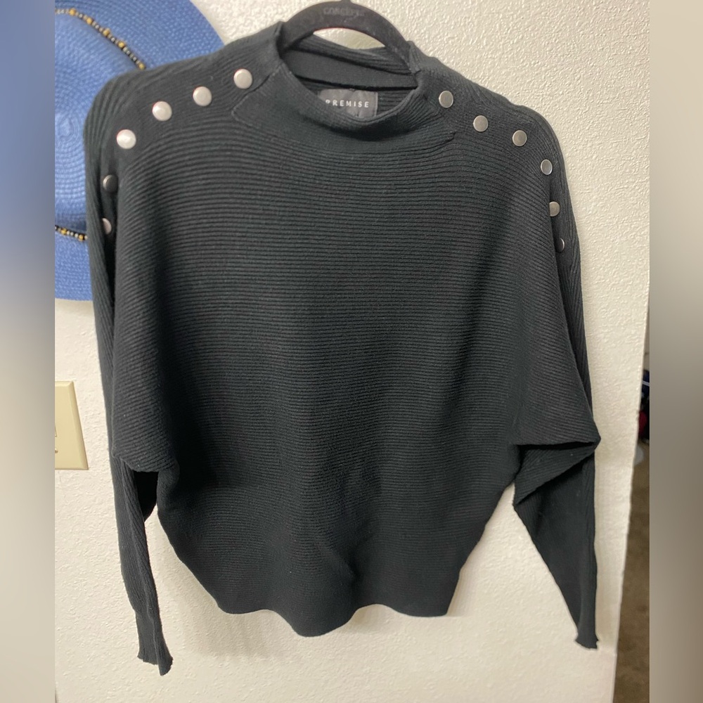 Premise Black Crewneck Sweater with Button Accents